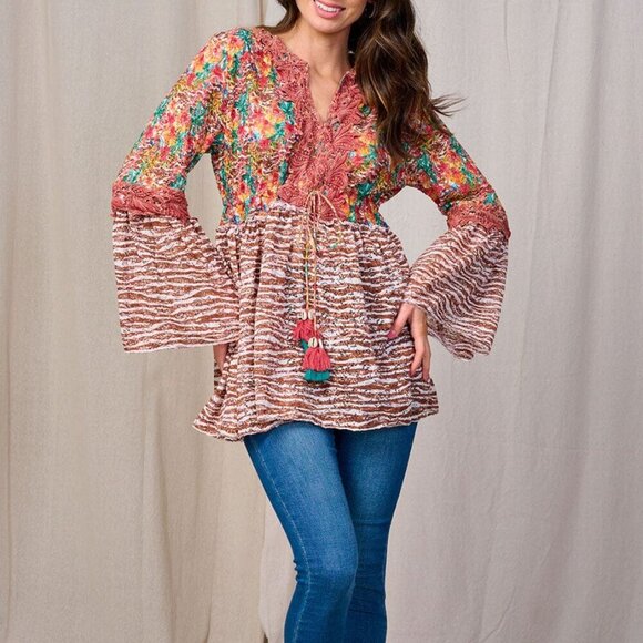 Gypsy Queen Crochet Flared Sleeve Open Knit Long Sleeve Rust - Picture 4 of 15